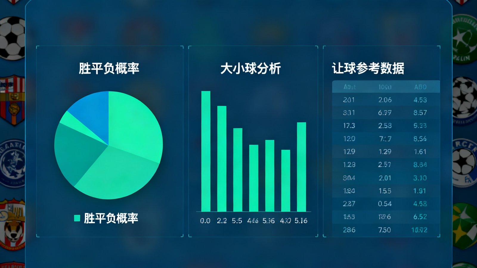 智能预测模型展示：包含胜平负概率饼图、大小球分析柱状图、让球参考数据，背景为五大联赛球队徽章
